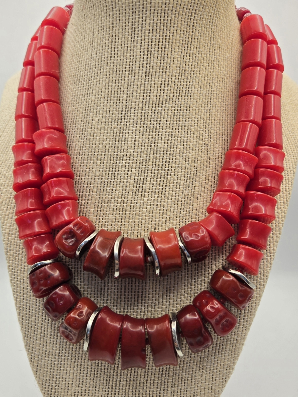 Chico's Faux Coral Silvertone Layered Statement Necklace Summer Beach Vacation
